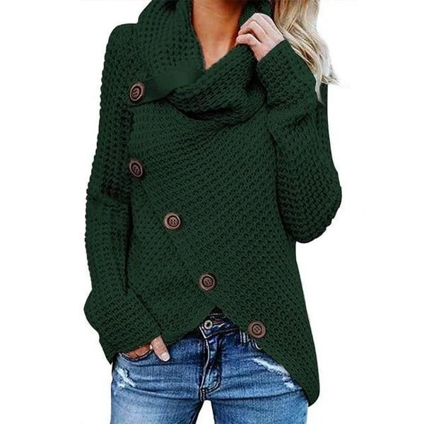 Women's ivory waffle knit relaxed sweater with cowl neck and asymmetric button front