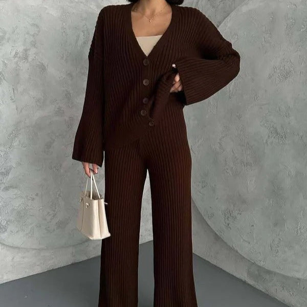 Women's ribbed knit cardigan set oversized fit wide sleeves button-front two-piece lounge sweater