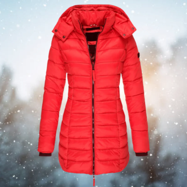 Women's long quilted puffer jacket water-resistant streamlined fit with detachable hood by Nordisk Flair