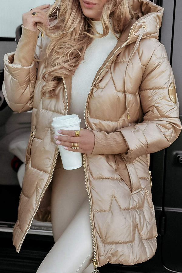 Women's quilted insulated mid-length hooded coat relaxed fit casual outerwear with diamond stitch pattern