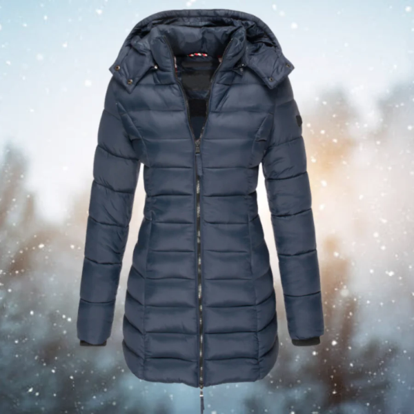 Women's long black puffer jacket tailored fit quilted insulation detachable hood winter coat