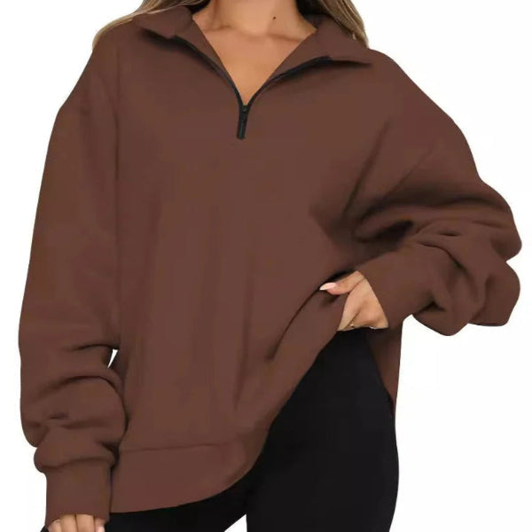 Women's oversized sweatshirt in neutral tone, high collar with short zip, relaxed casual cotton-feel pullover