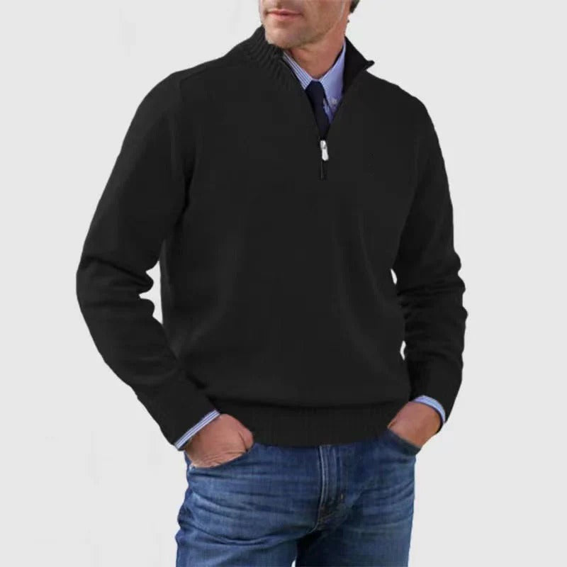 Men's navy quarter zip knit pullover sweater slim business casual fit with ribbed collar