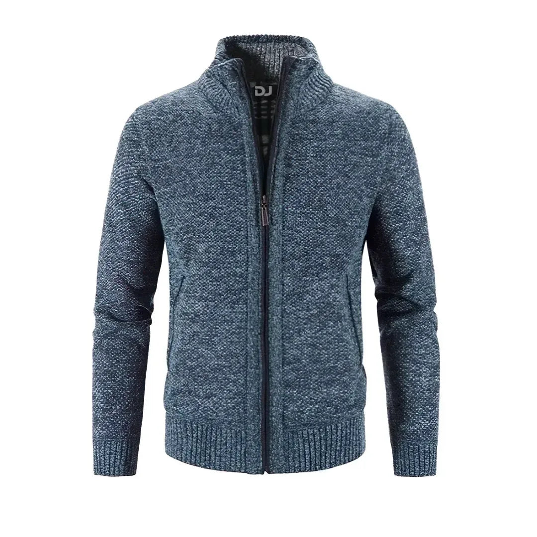Men's slim fit wool knit zip-up cardigan with ribbed trim and contrast accents for everyday style