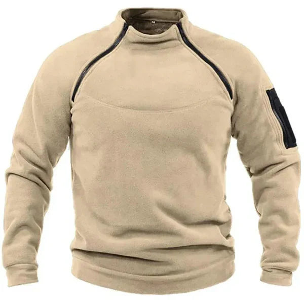 Men's grey fleece sweatshirt regular fit with high collar and utility pockets for outdoor style