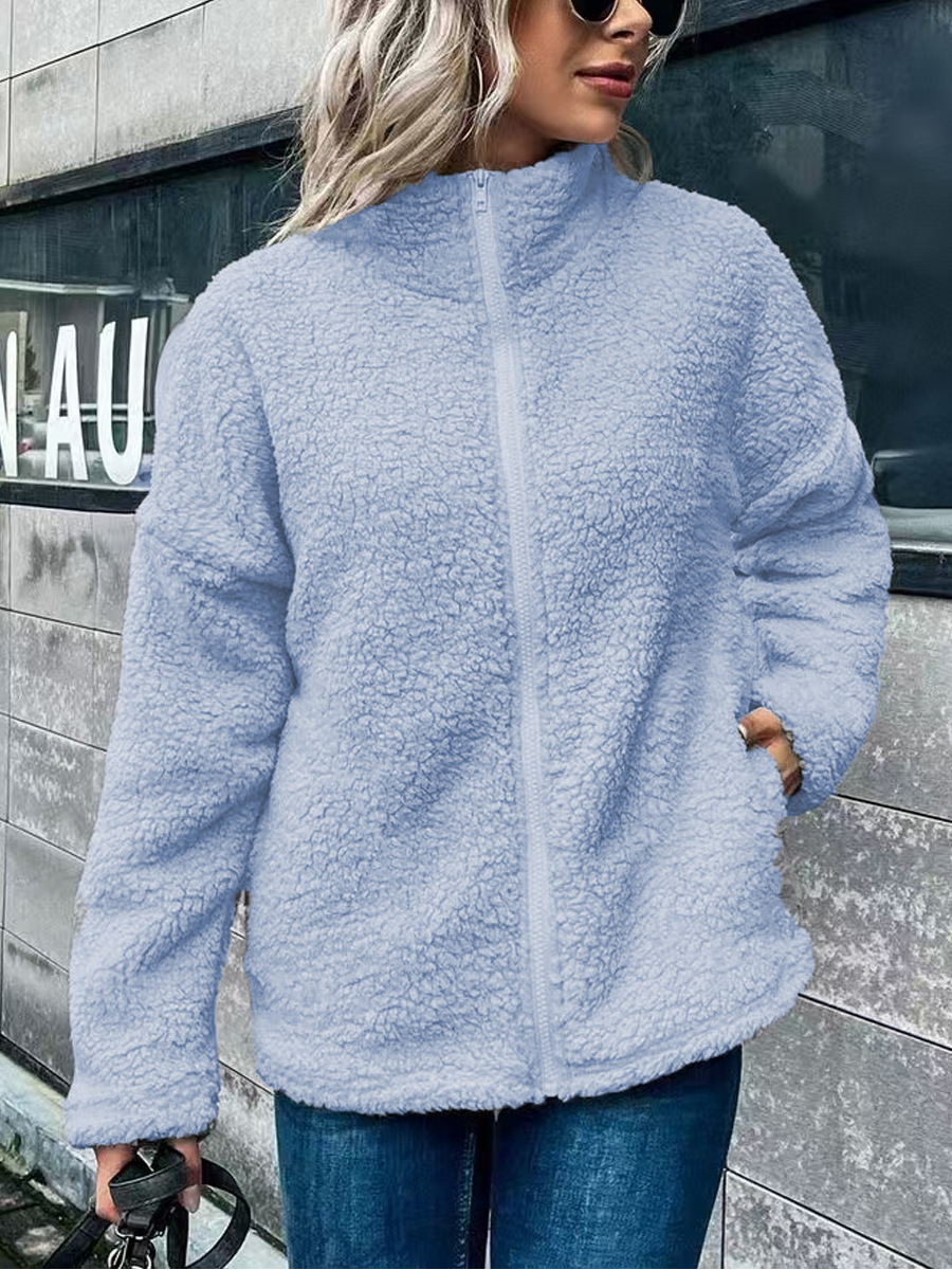 Women's oversized wool-blend fleece coat stand collar long sleeve zip cozy warm winter layer