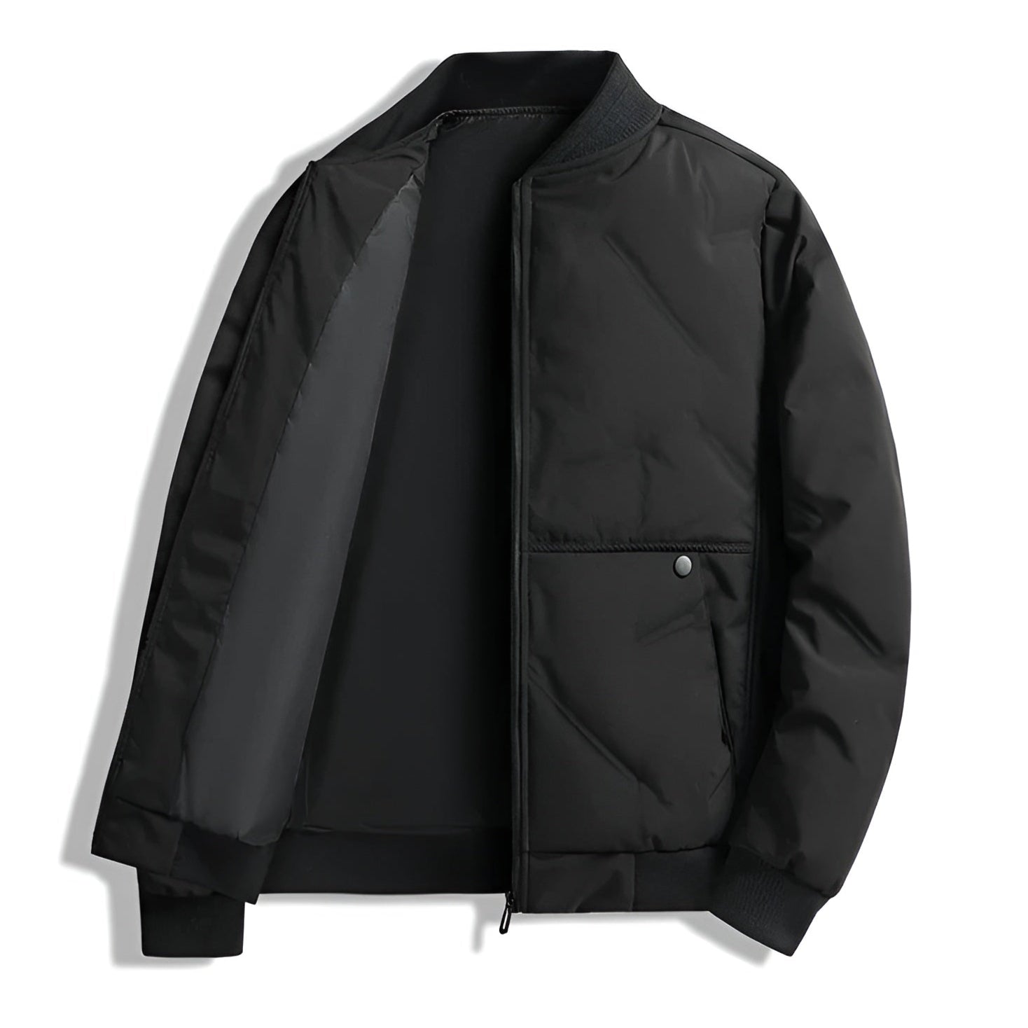 Matte black urban shell jacket with ribbed collar, light insulation, and snap-button pockets