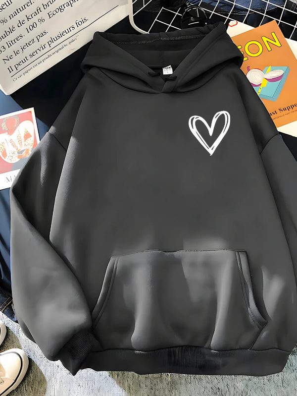 Women's relaxed-fit cotton-blend hoodie sweatshirt with heart print and kangaroo pocket