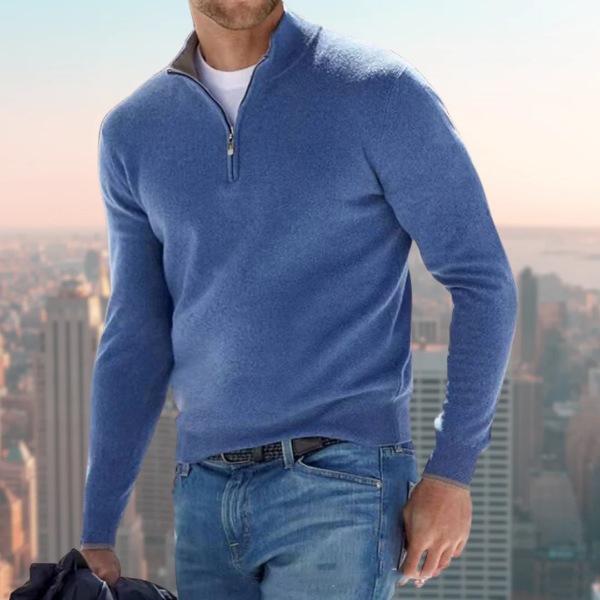 Black cotton-blend men's quarter-zip sweatshirt with stand collar, regular fit casual style