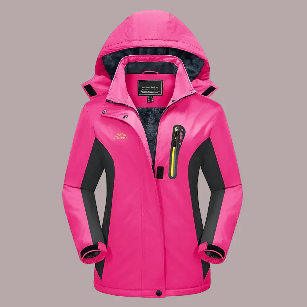 Women's water-resistant outdoor jacket with fleece lining, adjustable hood, and cuffs for trail-ready warmth