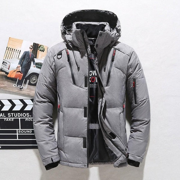 Men's navy quilted down jacket hooded hip-length water-resistant insulated outerwear