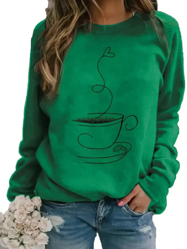 Women's relaxed fit crew neck sweatshirt cotton blend with coffee cup graphic print