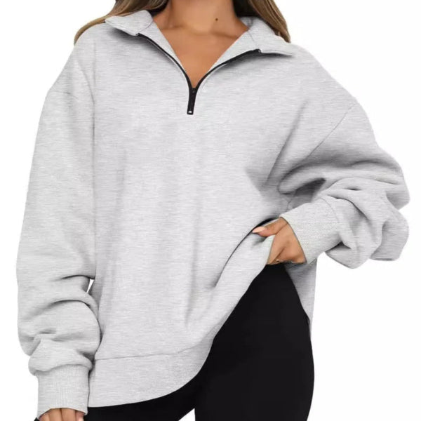 Women's oversized sweatshirt high collar short zip casual pullover soft cotton-feel fabric