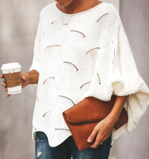Women's open knit wool blend sweater relaxed fit batwing sleeves scalloped hem cozy all season