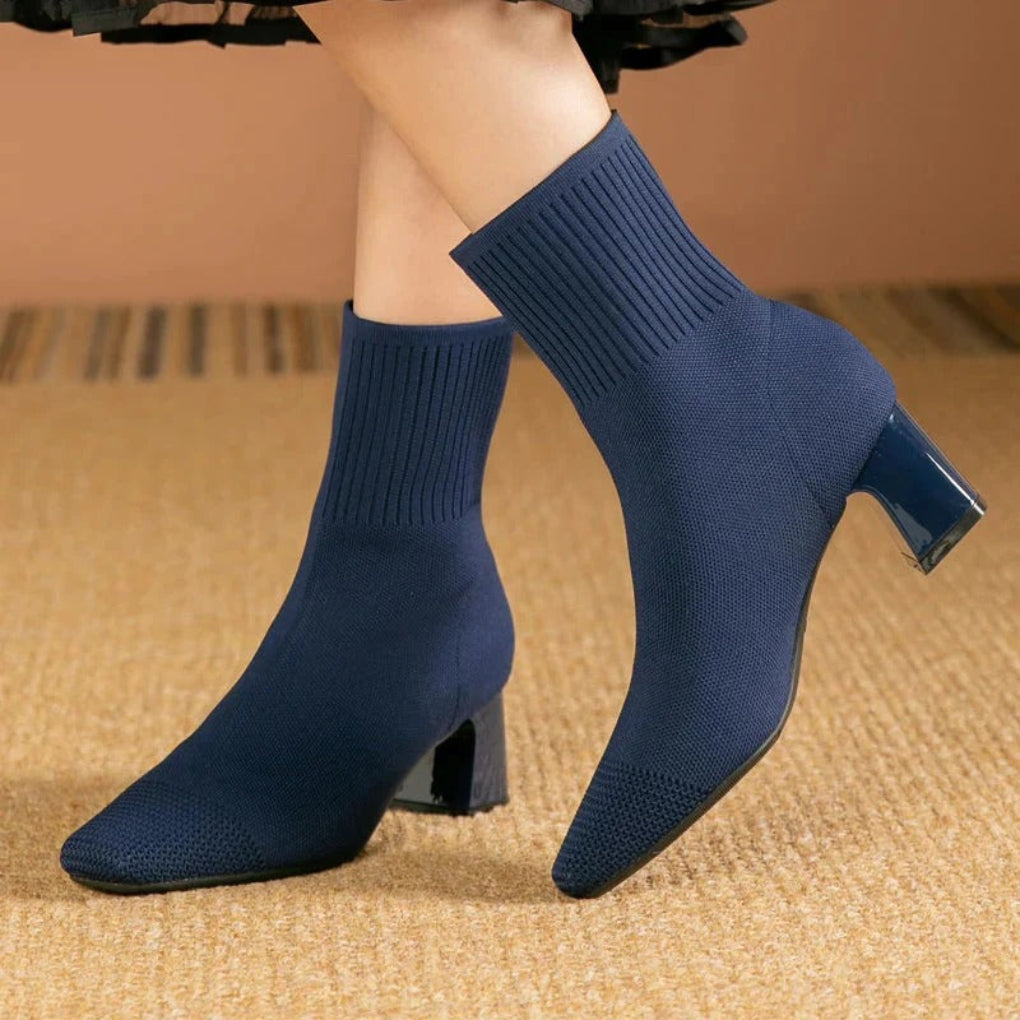 Women's ribbed knit ankle boots in winter neutral, stretchy upper with sleek silhouette
