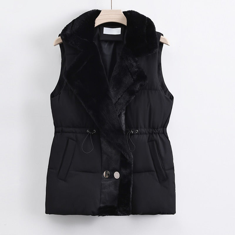 Women's black quilted vest with faux fur shawl collar and adjustable drawstring waist