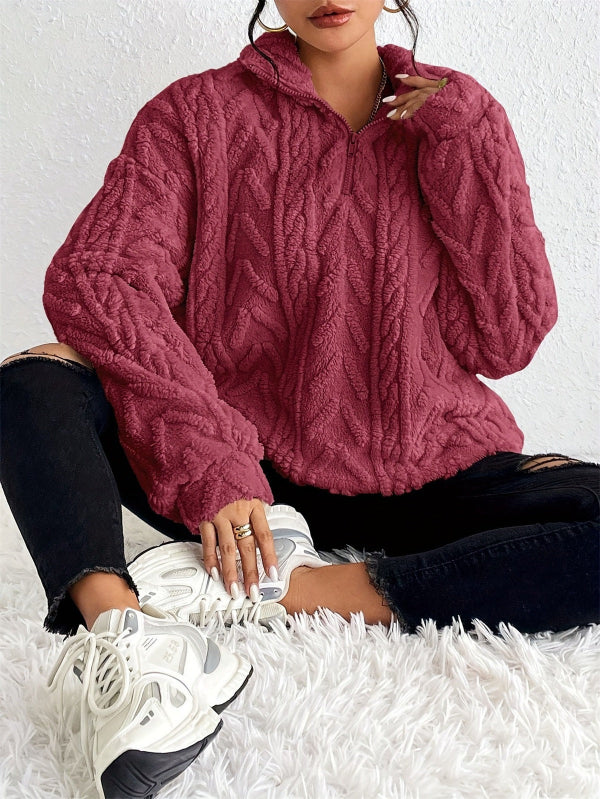 Women's cream faux shearling fleece pullover, relaxed fit half-zip with cable knit texture