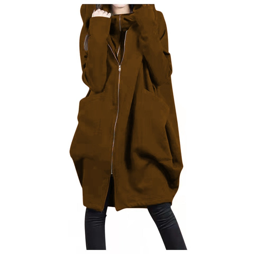 Women's oversized mid-length wool coat with hood, zip front pockets, relaxed silhouette for fall winter