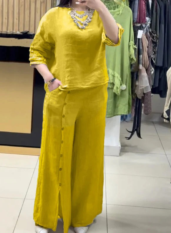 Women's linen two-piece set relaxed fit top wide-leg pants with button detail in neutral tone