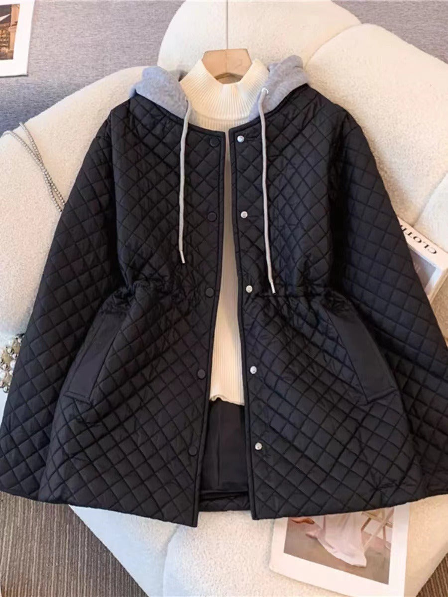 Women's black quilted A-line hooded coat with drawstring waist and snap button closures