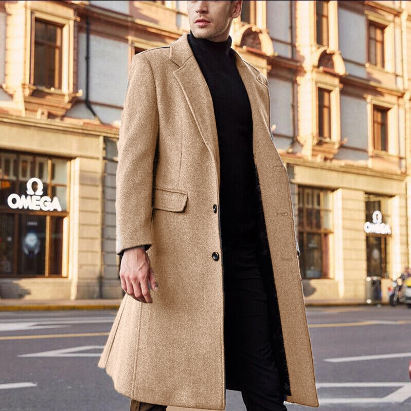 Men's wool-blend tailored long trench coat with sophisticated matte finish for a polished modern look
