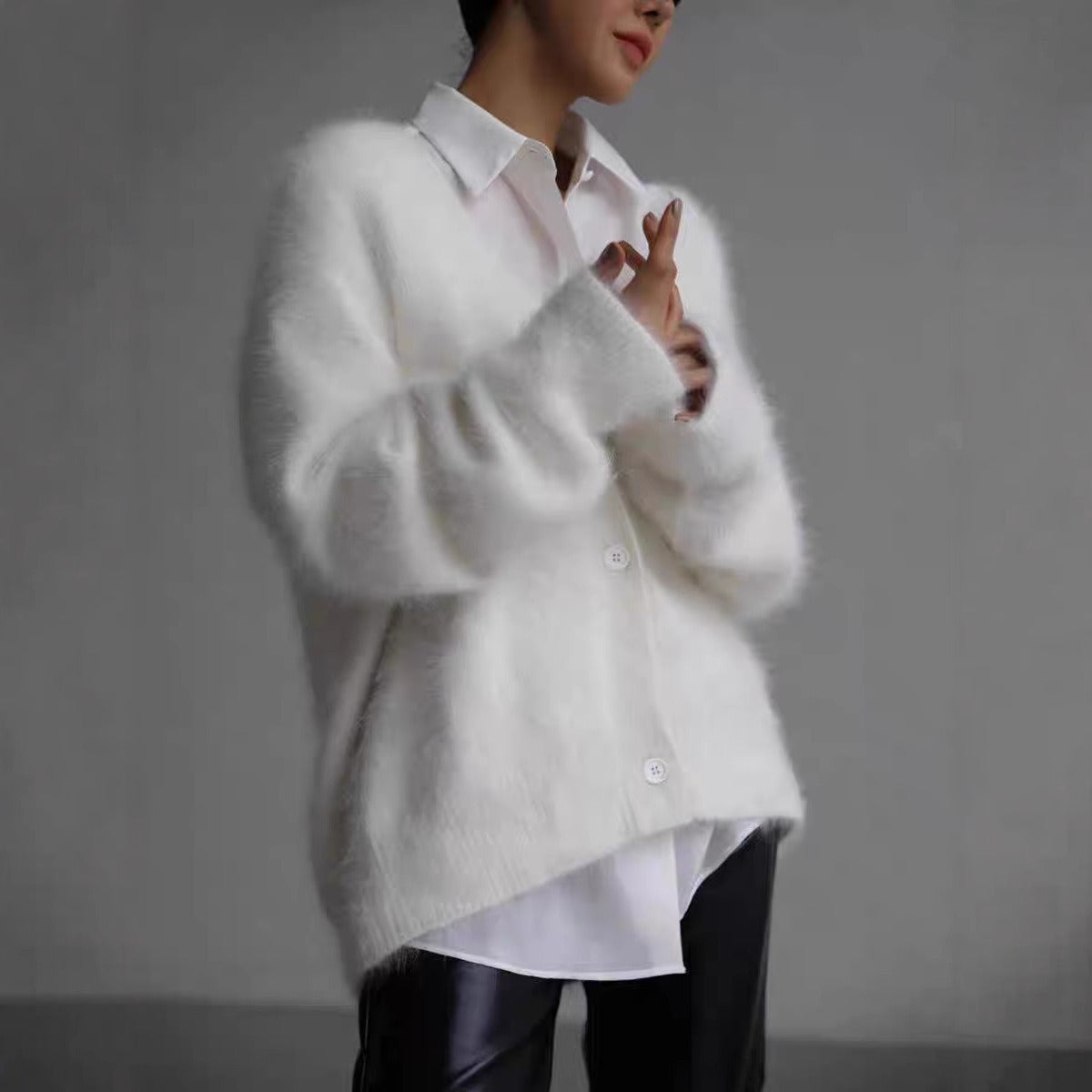 Women's oversized fuzzy knit cardigan, V-neck button-front style in neutral tones