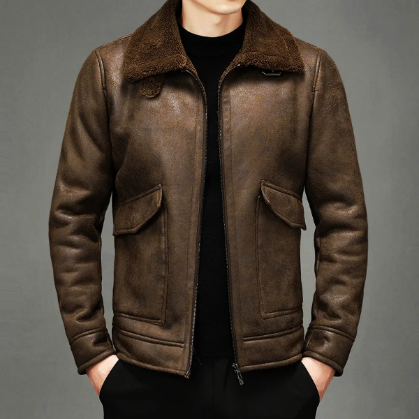 Men's brown vintage PU leather jacket with plush shearling collar, rugged zip-front heritage style