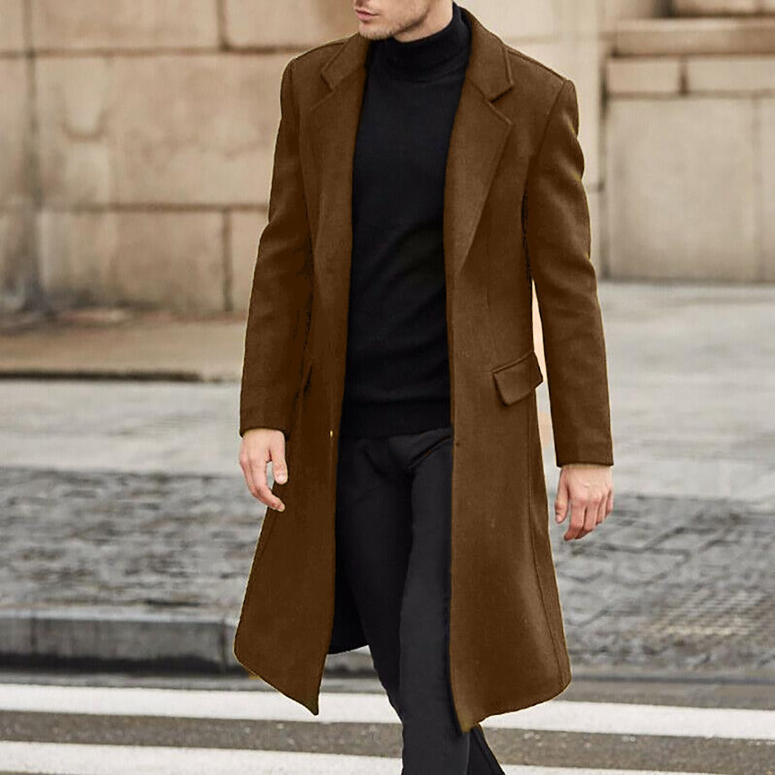 Men's wool-blend tailored long trench coat with sophisticated matte finish for a polished modern look
