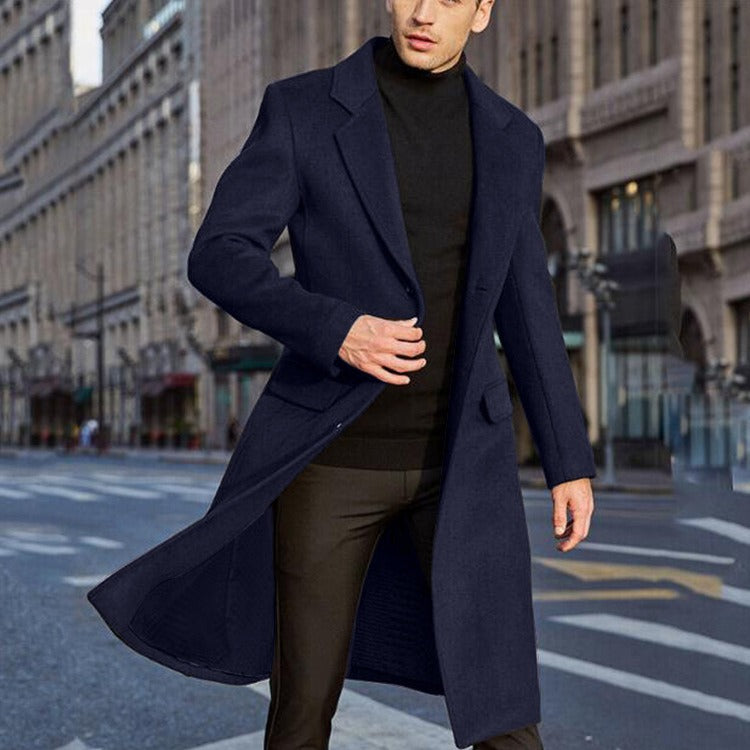 Men's wool-blend tailored long trench coat with sophisticated matte finish for modern polished style