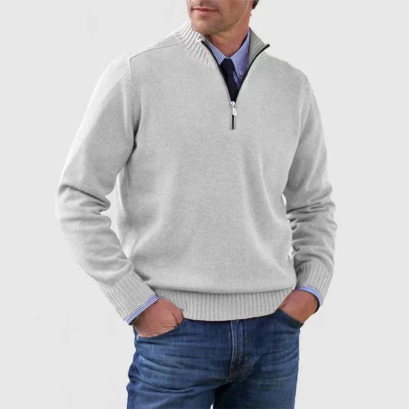 Men's navy quarter zip knit sweater business casual pullover with adjustable zip neckline by Wavlynn