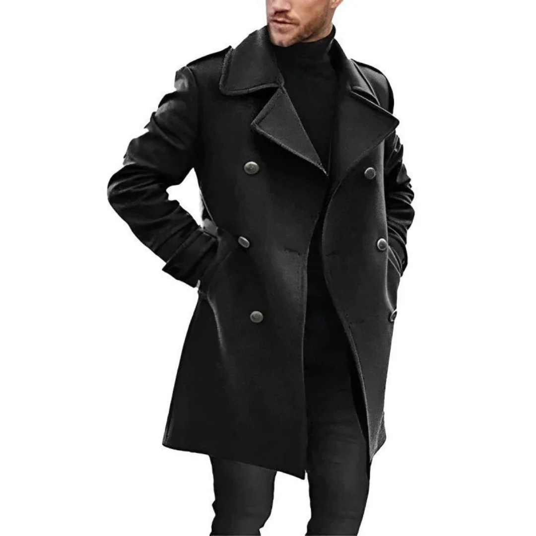 Men's wool blend double breasted trench coat tailored fit mid-length professional style