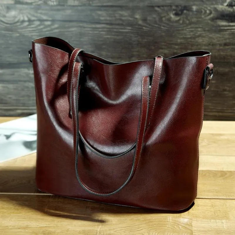 Women's vintage PU leather tote bag in rich brown, retro-inspired with wrinkle-resistant full-grain finish