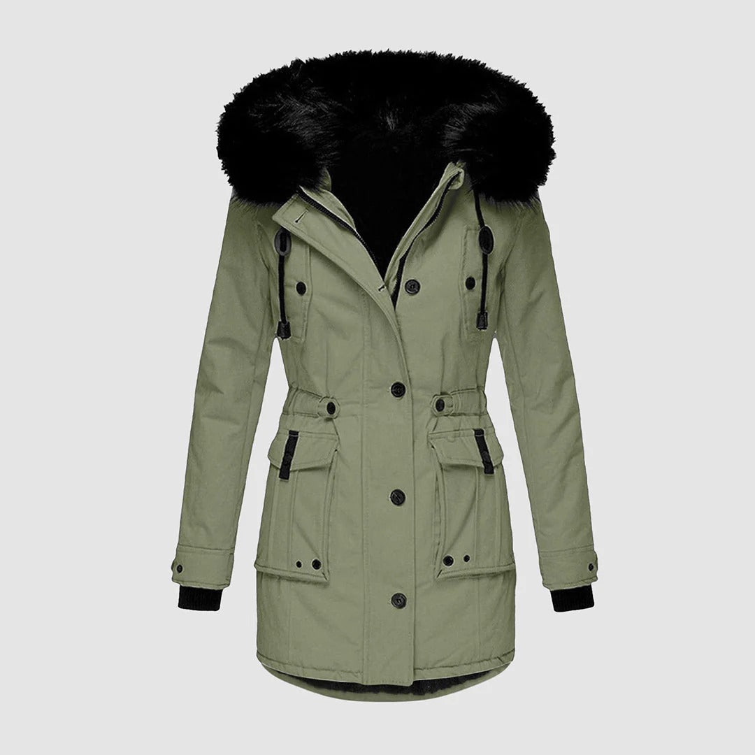 Women's tailored longline coat with faux fur hood, waist belt, button front, elegant winter style