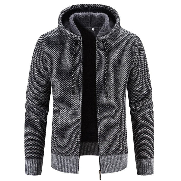Men's heather gray hooded cardigan, relaxed fit knit texture with plush lining and zip closure