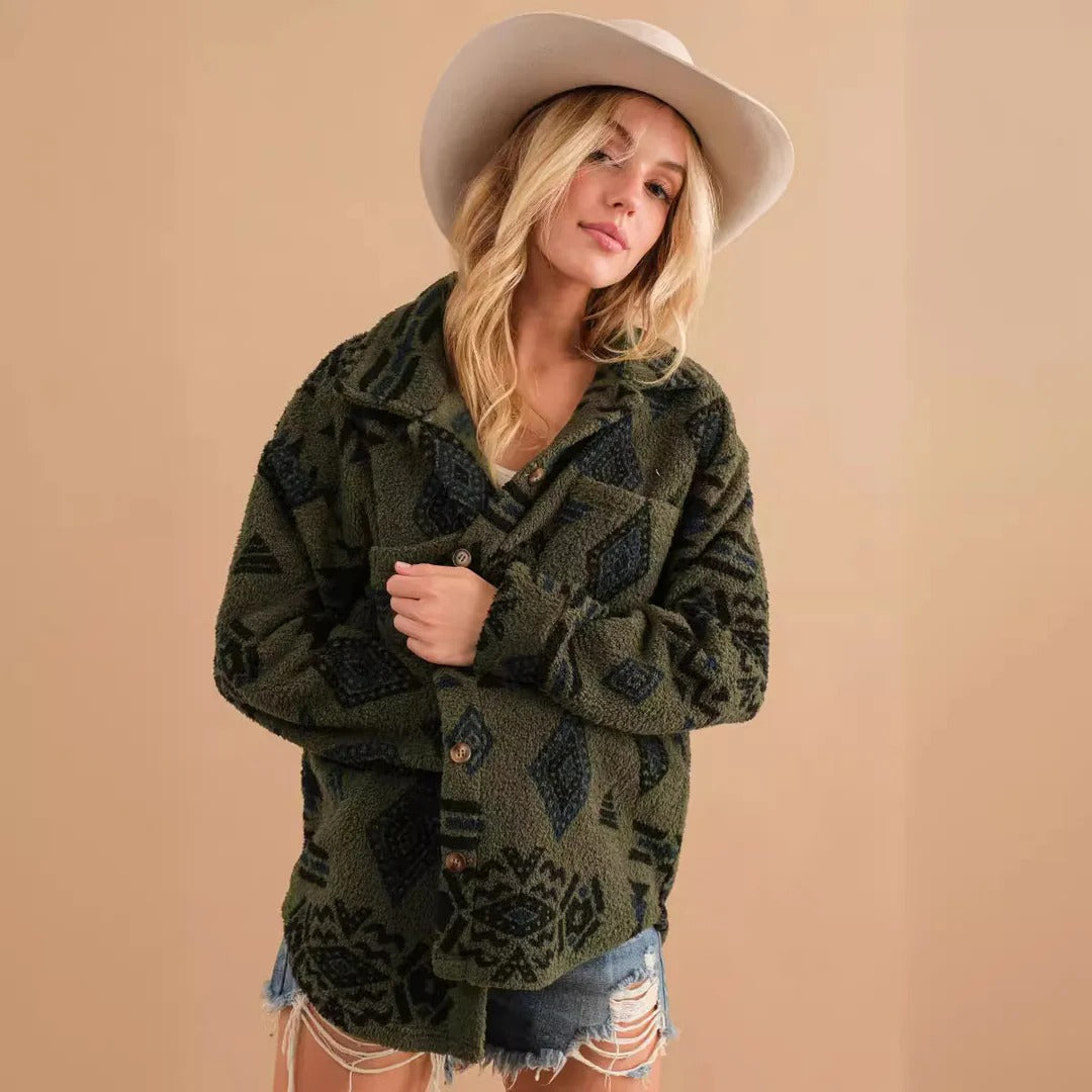 Women's boho western sherpa jacket earthy tones relaxed fit with geometric woven pattern