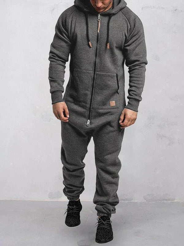 Men's gray fleece hooded jumpsuit relaxed fit with front zipper, cozy winter lounge one-piece