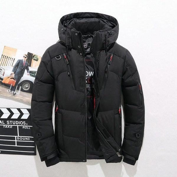 Men's quilted down jacket hooded hip-length water-resistant shell in neutral winter colorway