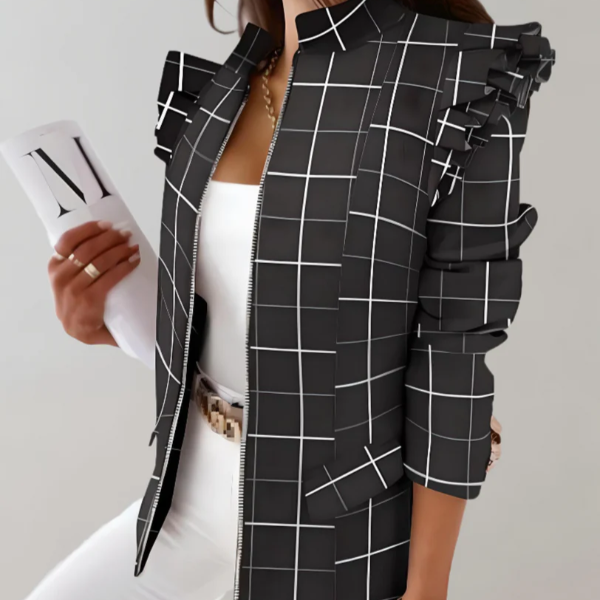 Women's plaid tailored jacket with ruffle shoulder detail, stand collar, hip-length structured fit