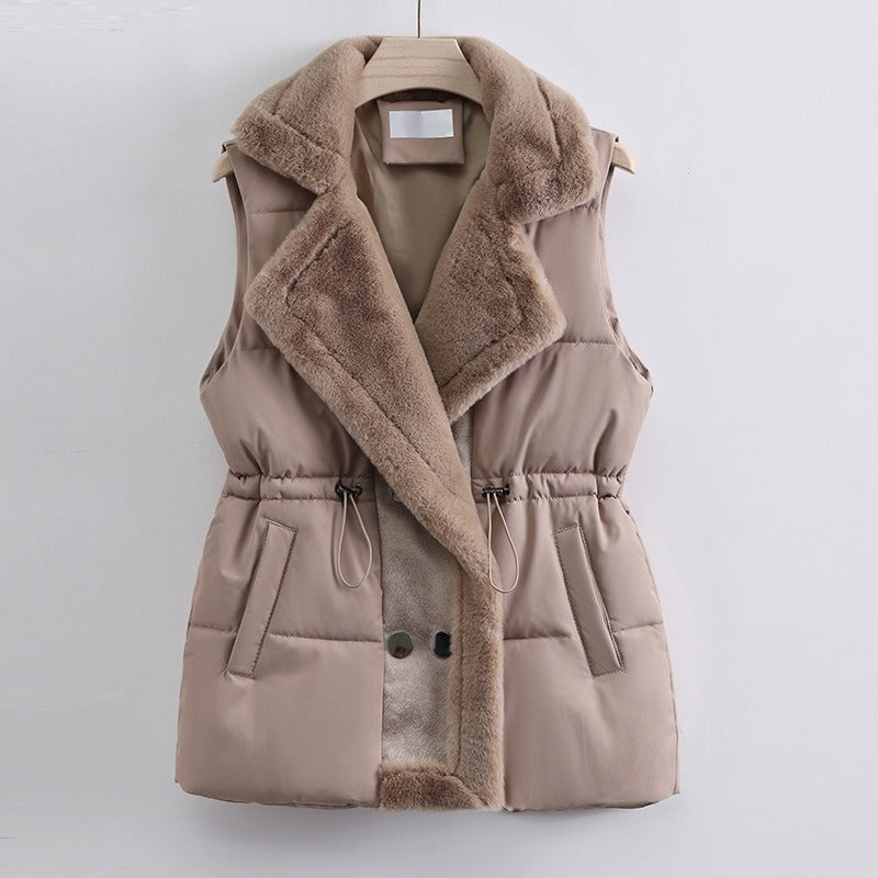 Women's black quilted vest with faux fur shawl collar and adjustable drawstring waist