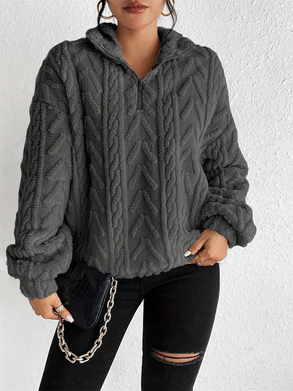 Women's faux shearling fleece pullover half-zip cable knit relaxed fit cozy warm sweater top