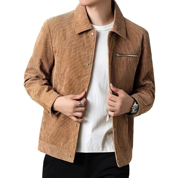 Men's brown corduroy jacket regular fit button front with chest zip pocket everyday essential