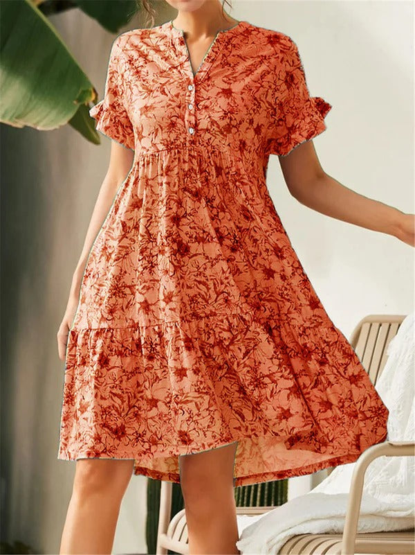 Women's floral A-line dress with V-neck, tiered skirt, ruffled sleeves in cotton blend