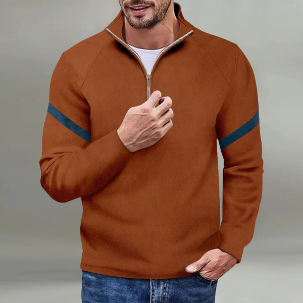 Men's navy wool blend quarter-zip pullover sweater with high neck and raglan sleeves relaxed fit