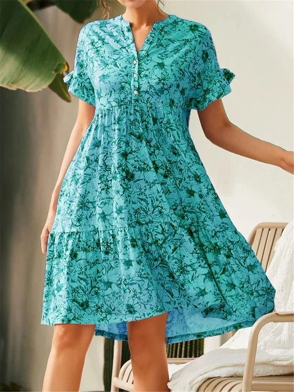 Women's floral A-line dress with V-neck, tiered skirt, ruffled sleeves in cotton blend