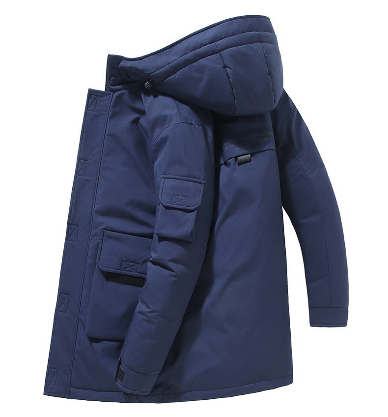 Wavlynn men's mid-length hooded jacket padded silhouette black regular fit patch pockets winter