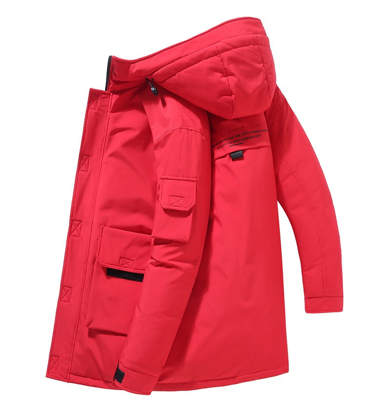 Wavlynn men's mid-length hooded jacket padded silhouette patch pockets adjustable cuffs winter casual