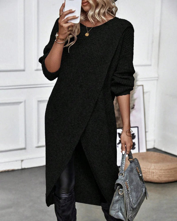Women's oversized ribbed wool knit long pullover in neutral tone with asymmetrical wrap design