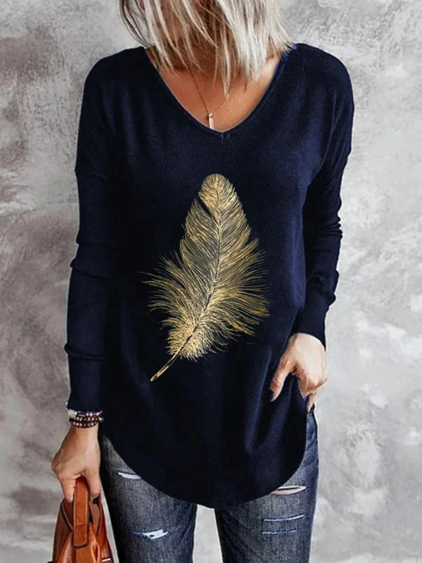 Women's relaxed fit soft knit V-neck pullover sweater with elegant feather accent and full sleeves