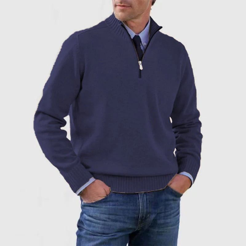 Men's navy quarter zip knit pullover sweater with adjustable neckline for business casual style