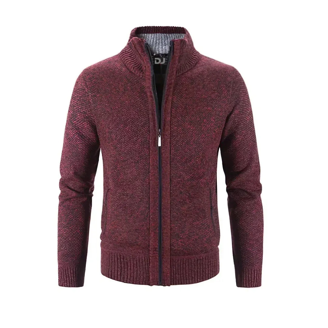 Men's slim fit wool knit zip-up cardigan with ribbed trim and contrast accents for everyday style